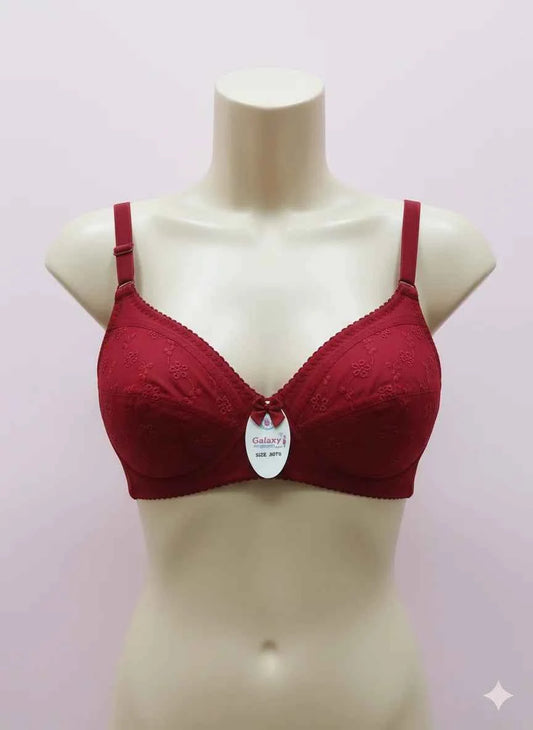 Premium Maroon Embroidered Cotton Bra – Non-Padded & Wireless Daily Comfort