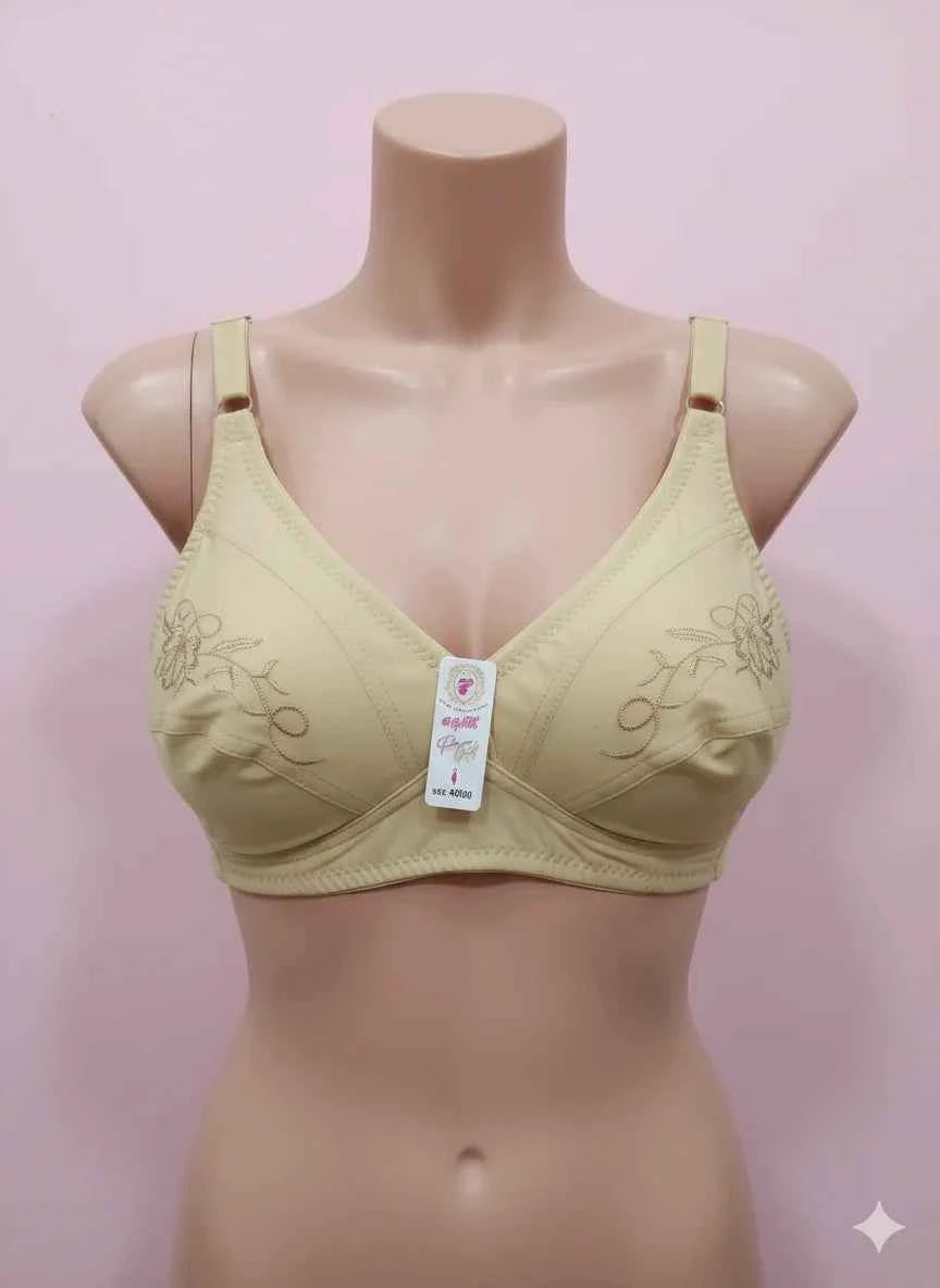 Ladies Embroidered Cotton Bra - Full Coverage Non-Wired Bralette