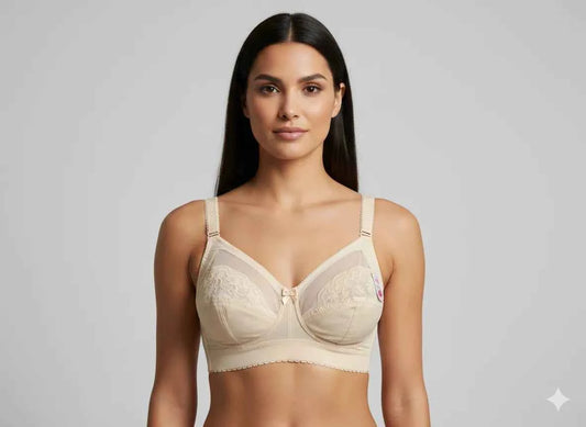 Beige Lace Embroidered Minimizer Bra - Wireless Full Coverage Comfort Bra