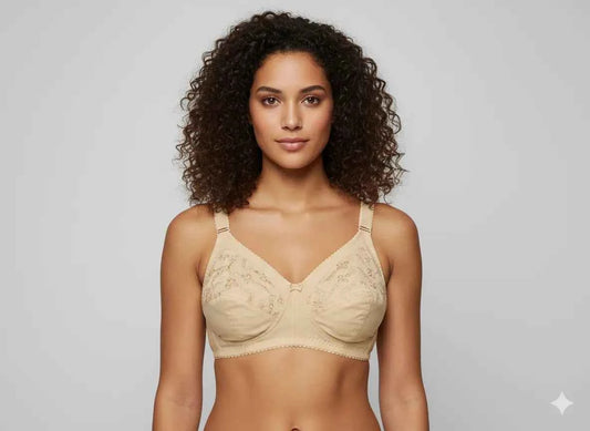 Beige Embroidered Full Coverage Wireless Bra - Non-Wired Comfort Support Minimizer Bra