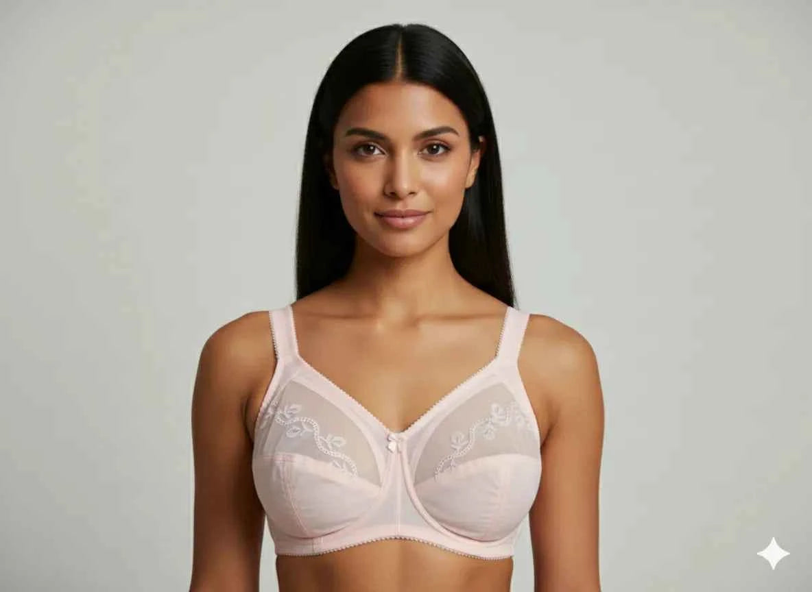 Beige Embroidered Underwire Full Coverage Bra - Floral Lace Supportive Comfort Bra