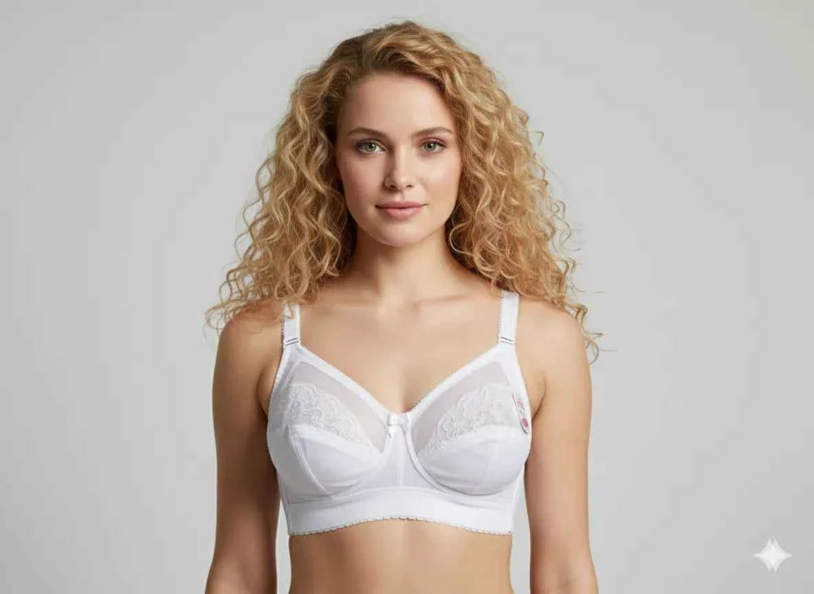 Beige Lace Embroidered Minimizer Bra - Wireless Full Coverage Comfort Bra