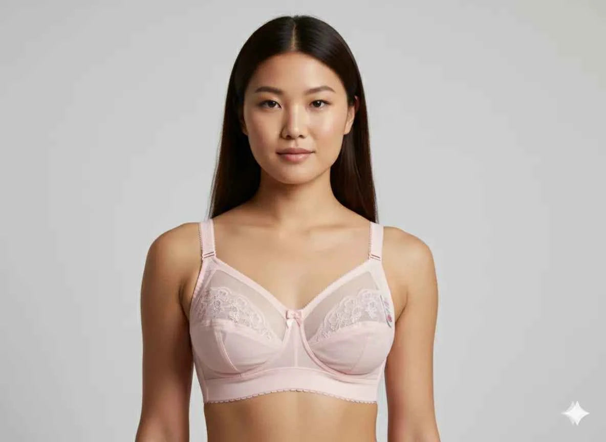 Beige Lace Embroidered Minimizer Bra - Wireless Full Coverage Comfort Bra