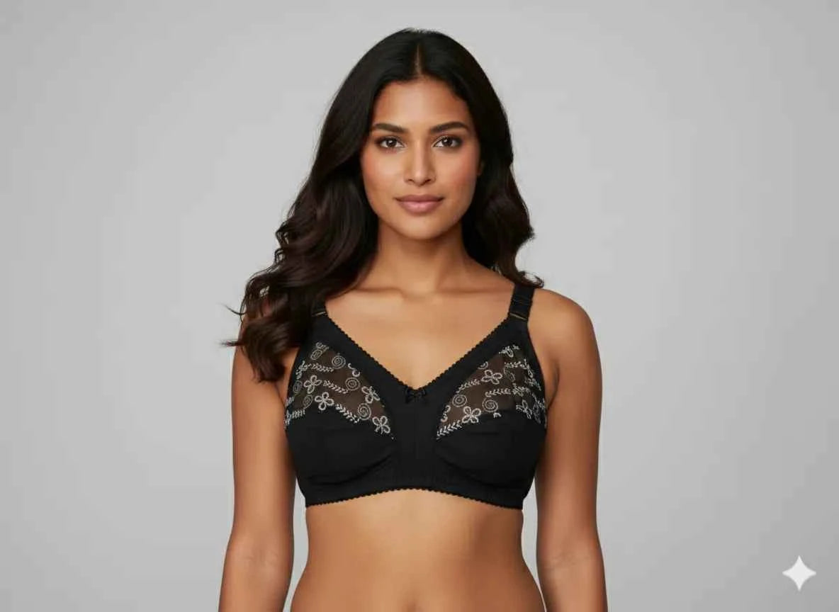 Beige Lace Embroidered Minimizer Bra - Wireless Full Coverage Comfort Bra