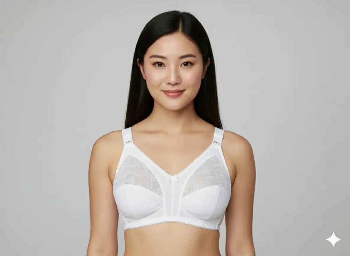 Beige Lace Embroidered Minimizer Bra - Wireless Full Coverage Comfort Bra