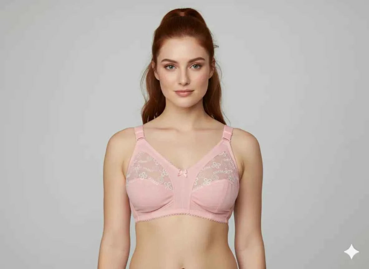 Beige Lace Embroidered Minimizer Bra - Wireless Full Coverage Comfort Bra