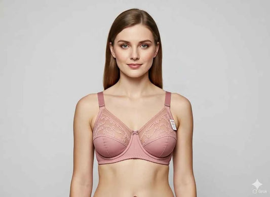 Beige Embroidered Full Coverage Wireless Minimizer Bra - Non-Padded Comfort Support Bra