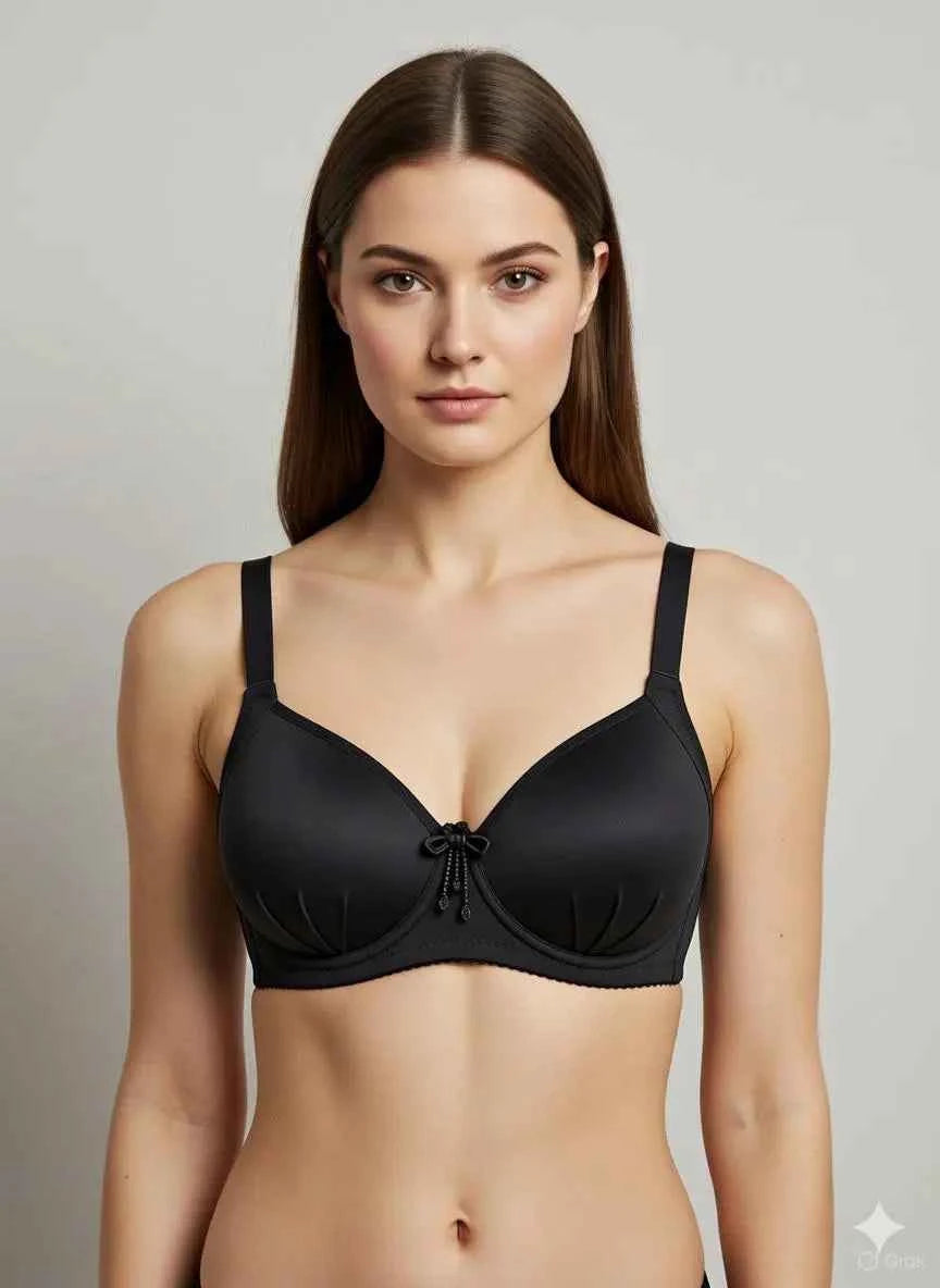 Grey Wireless Molded T-Shirt Bra with Center Bow Detail - Smooth Comfort Foam Cup Bra