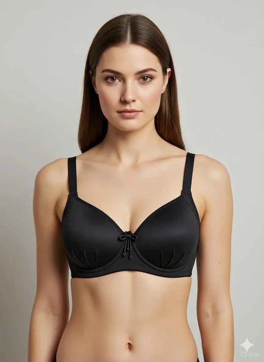 Grey Wireless Molded T-Shirt Bra with Center Bow Detail - Smooth Comfort Foam Cup Bra