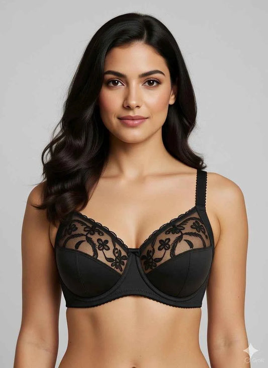 Beige Embroidered Underwire Bra - Floral Lace Full Coverage Support Bra