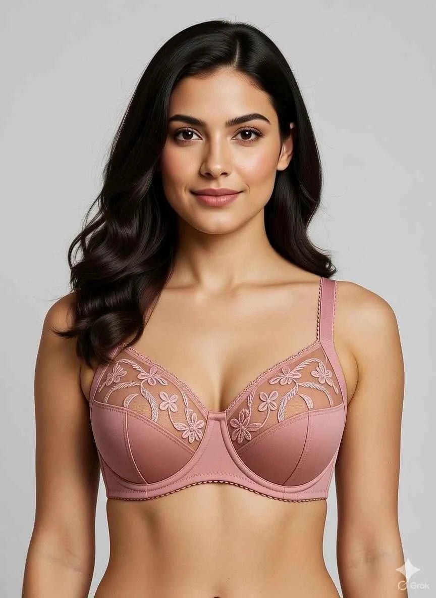 Beige Embroidered Underwire Bra - Floral Lace Full Coverage Support Bra
