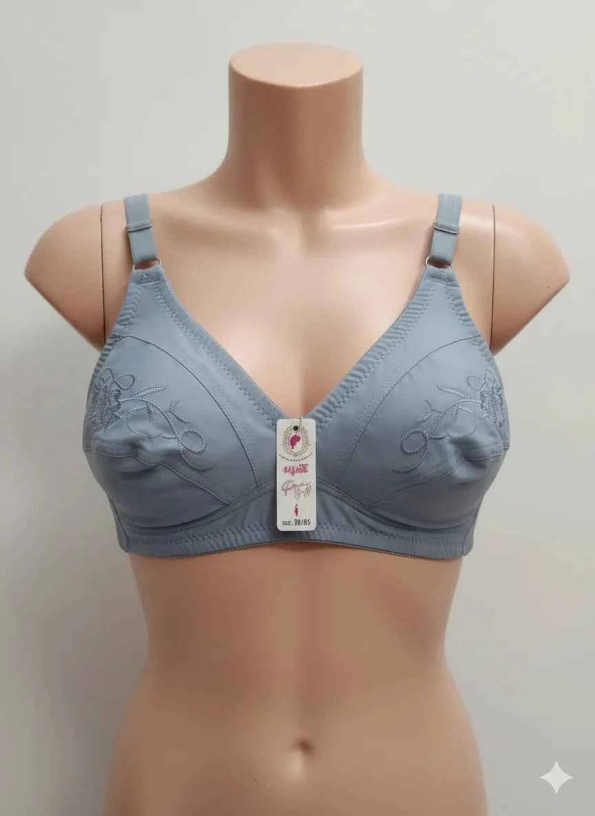 Ladies Embroidered Cotton Bra - Full Coverage Non-Wired Bralette