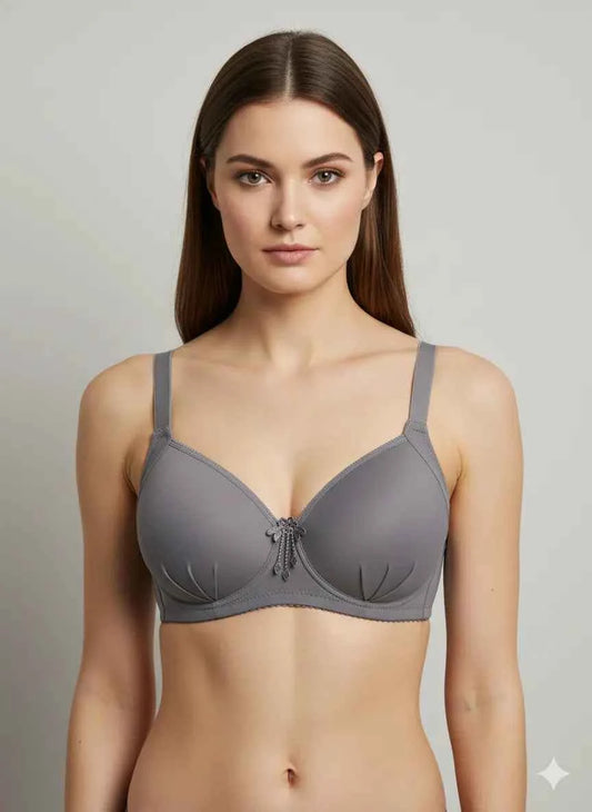 Grey Wireless Molded T-Shirt Bra with Center Bow Detail - Smooth Comfort Foam Cup Bra