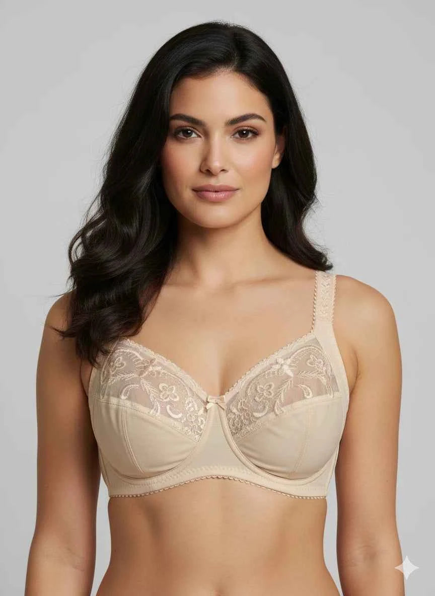 Beige Embroidered Underwire Bra - Floral Lace Full Coverage Support Bra