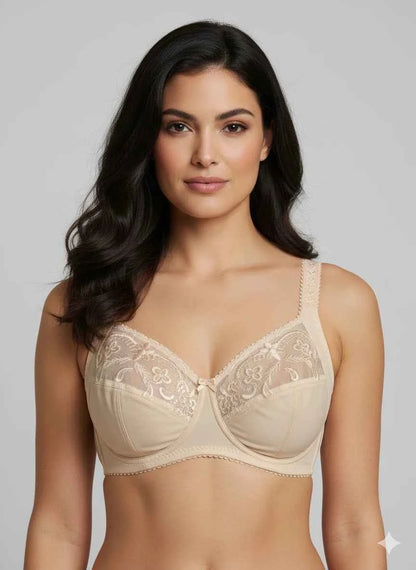 Beige Embroidered Underwire Bra - Floral Lace Full Coverage Support Bra