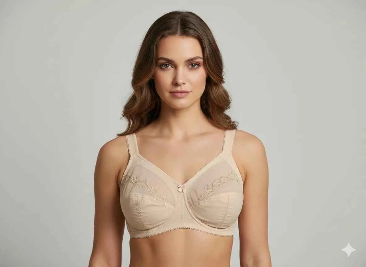 Beige Embroidered Underwire Full Coverage Bra - Floral Lace Supportive Comfort Bra