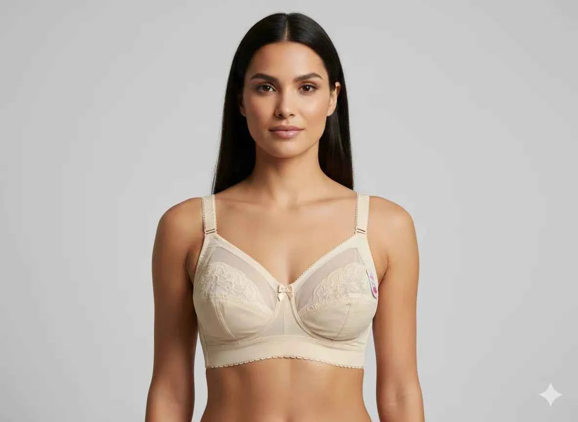 Beige Lace Embroidered Minimizer Bra - Wireless Full Coverage Comfort Bra