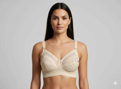 Beige Lace Embroidered Minimizer Bra - Wireless Full Coverage Comfort Bra
