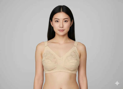 Beige Lace Embroidered Minimizer Bra - Wireless Full Coverage Comfort Bra