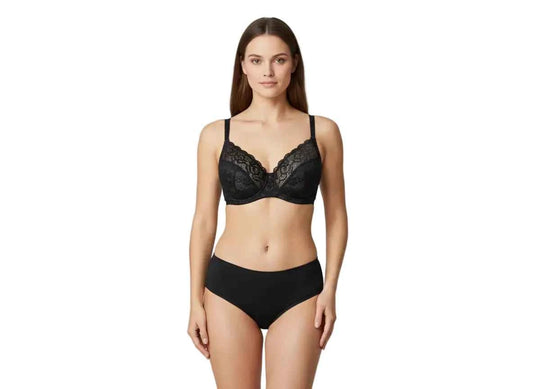 Elegant Black Lace Underwire Bra and Hipster Panty Set