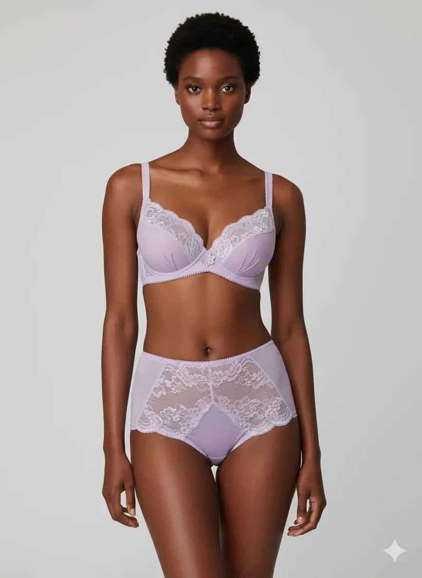 Elegant Lilac Lace Underwire Balconette Bra and High-Waisted Panty Set - Women's Floral Lingerie Matching Set