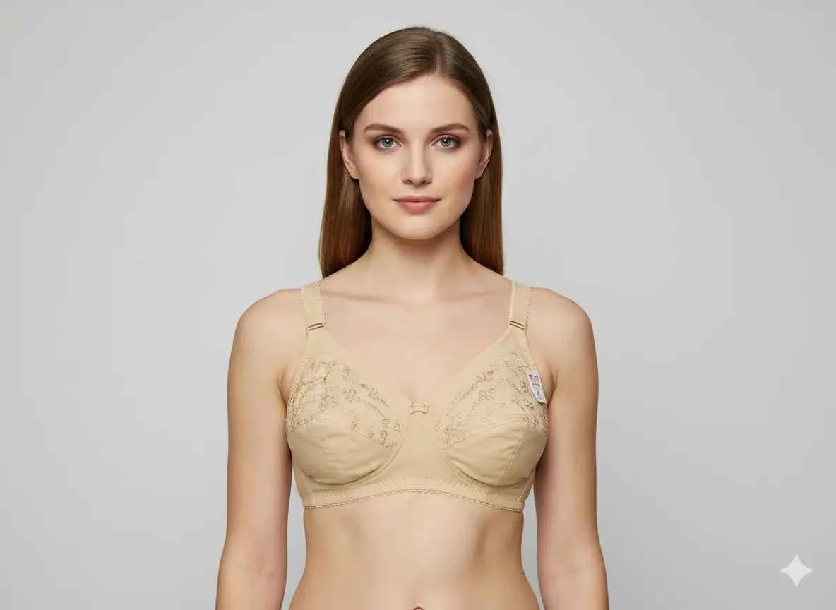 Beige Embroidered Full Coverage Wireless Minimizer Bra - Non-Padded Comfort Support Bra