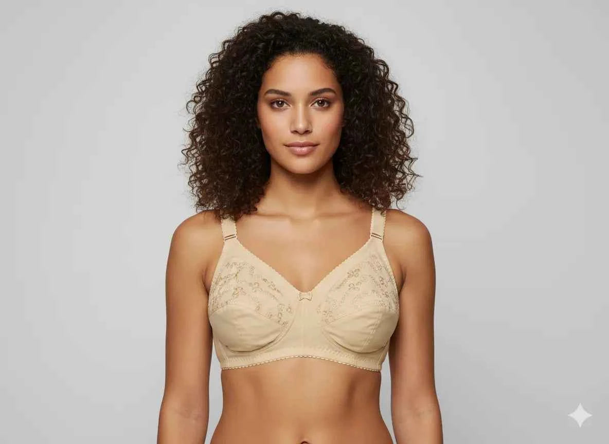 Beige Embroidered Full Coverage Wireless Bra - Non-Wired Comfort Support Minimizer Bra