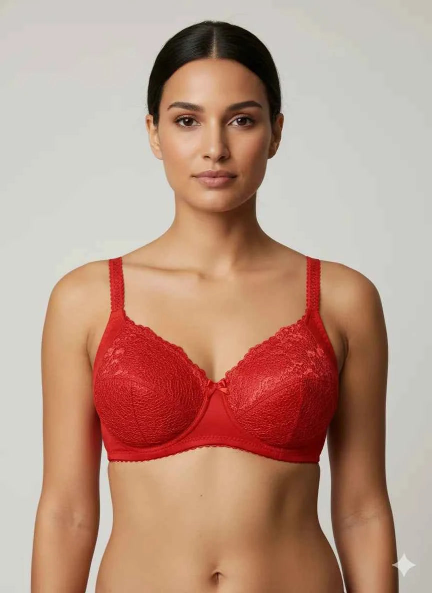 Red Lace Underwire Balconette Bra - Floral Scalloped Support